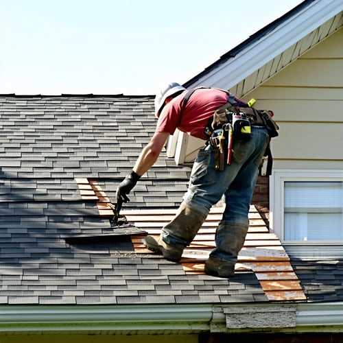 Roofer working on roof.